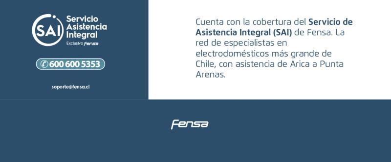 Servicio de Asistencia IntegralCuenta con la cobertura del Servicio de Asistencia Integral de Fensa. La red de especialistas en electrodomésticos más grande de Chile, con asistencia de Arica a Punta Arenas.